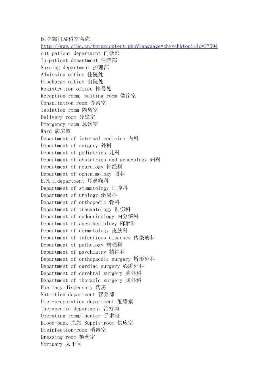 医院部门及科室名称(中英对照)_第1页