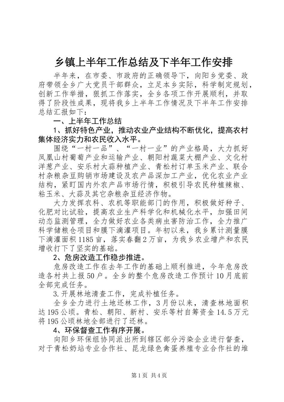 乡镇上半年工作总结及下半年工作安排_第1页