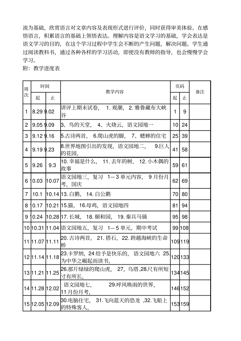 2019-2020学年人教版四年级上册语文教学计划_第3页