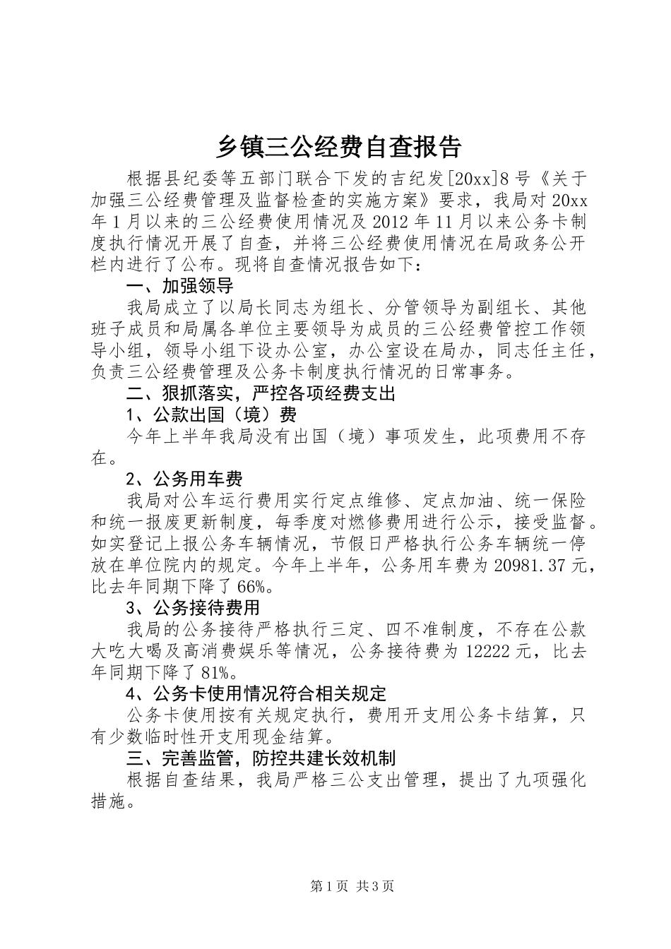 乡镇三公经费自查报告_第1页