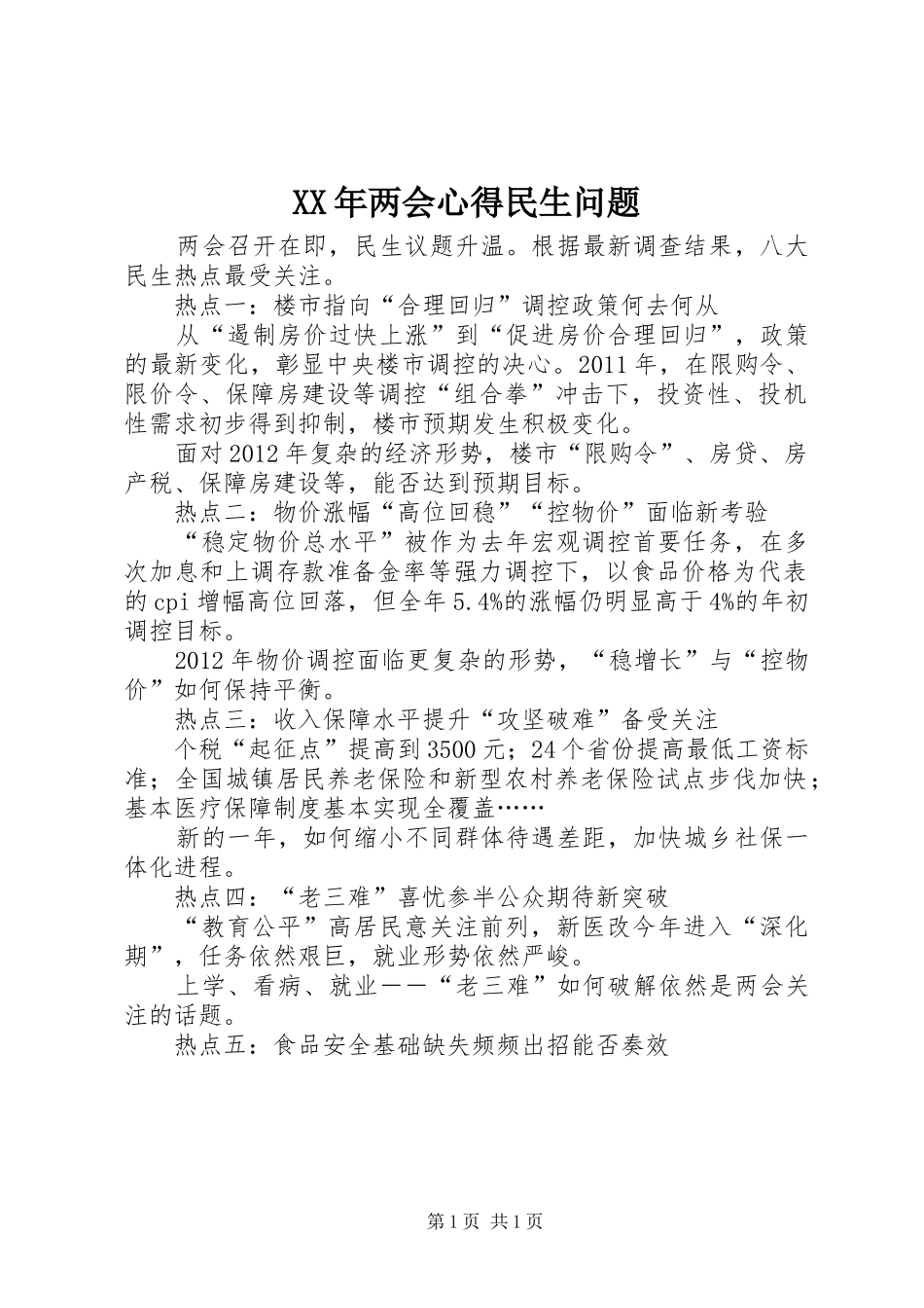 XX年两会心得民生问题 _第1页