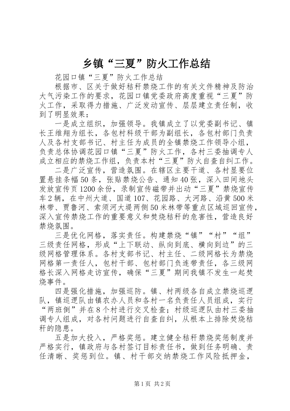 乡镇“三夏”防火工作总结_第1页