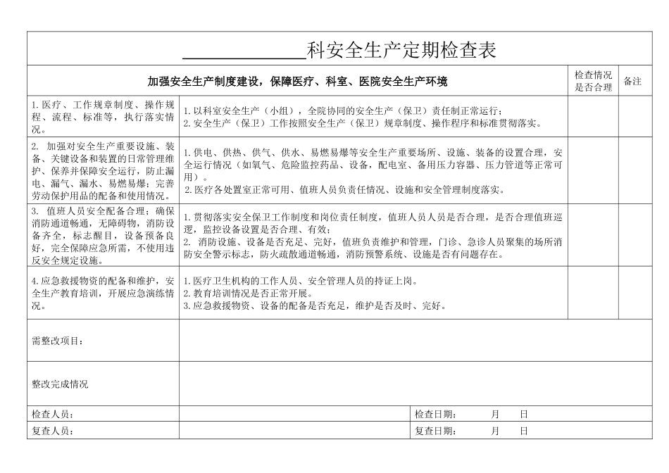 医院科室安全生产检查表_第1页