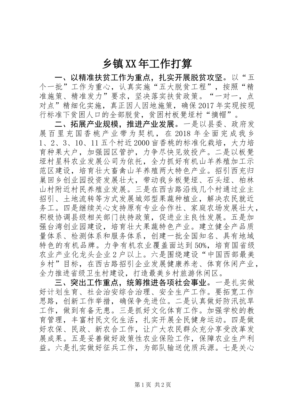 乡镇XX年工作打算_第1页