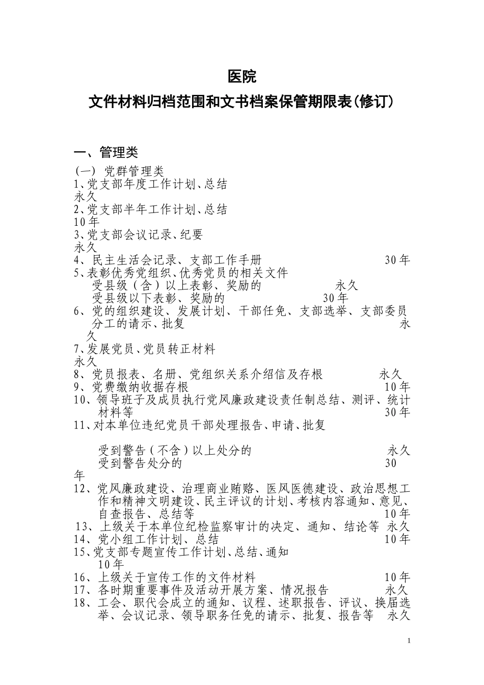 医院文书档案保管期限_第1页