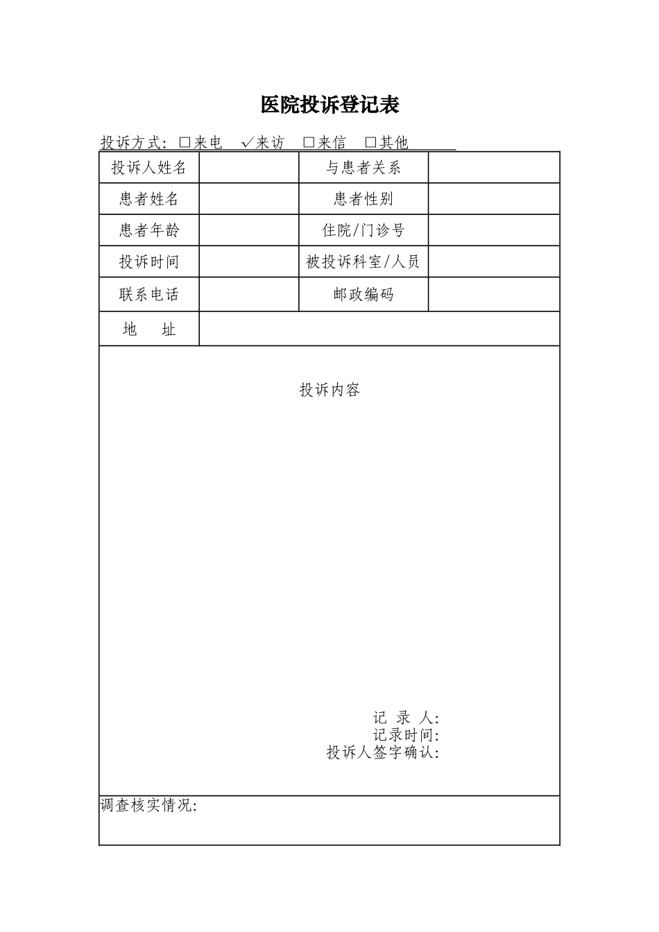 医院投诉登记表(空白模板)_第1页