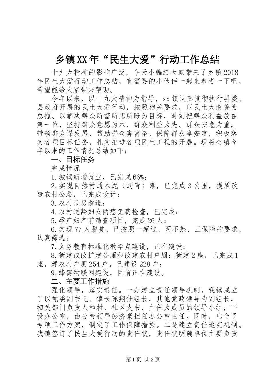 乡镇XX年“民生大爱”行动工作总结_第1页