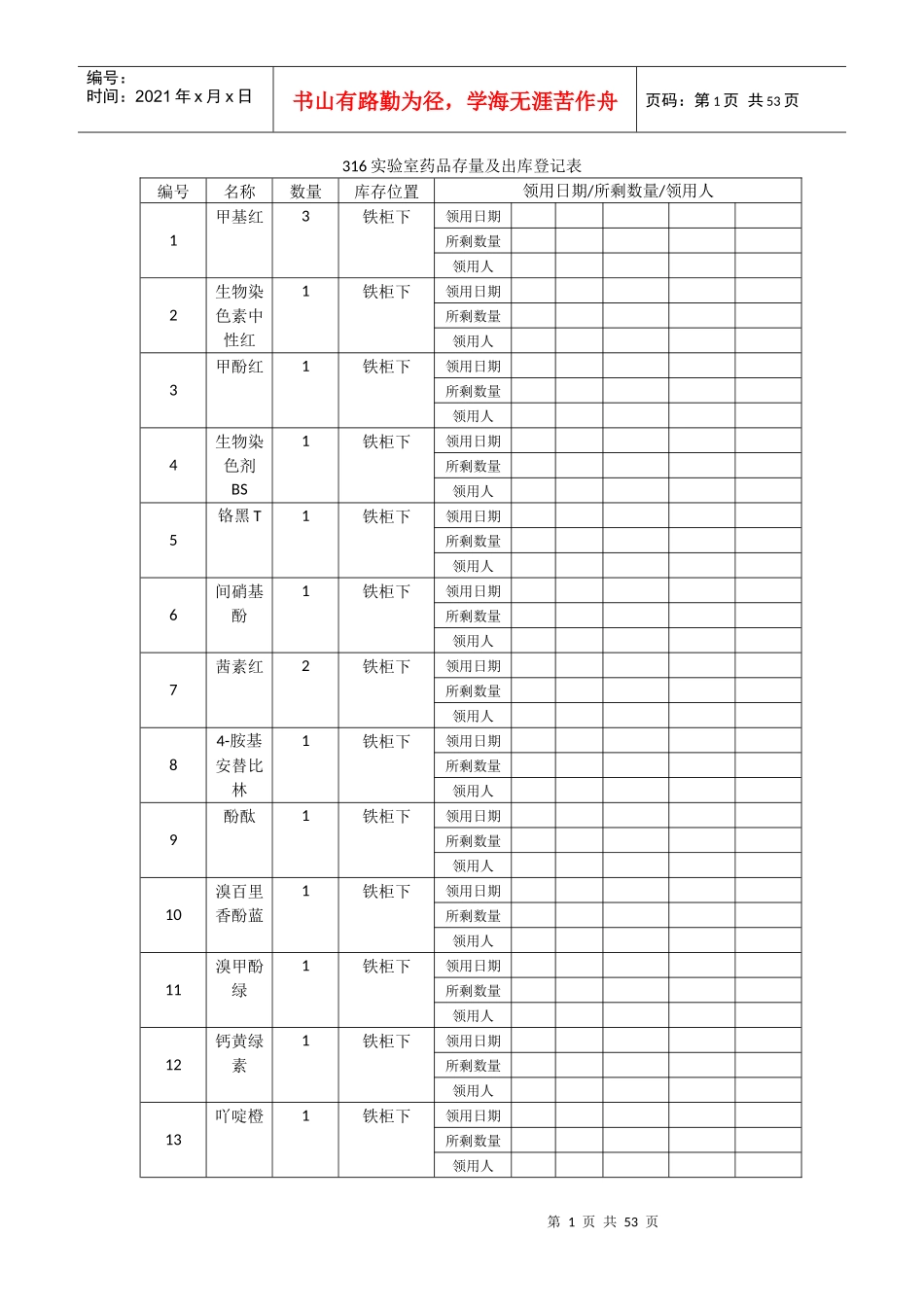试剂单最后版316实验室药品存量及出库登记表_第1页
