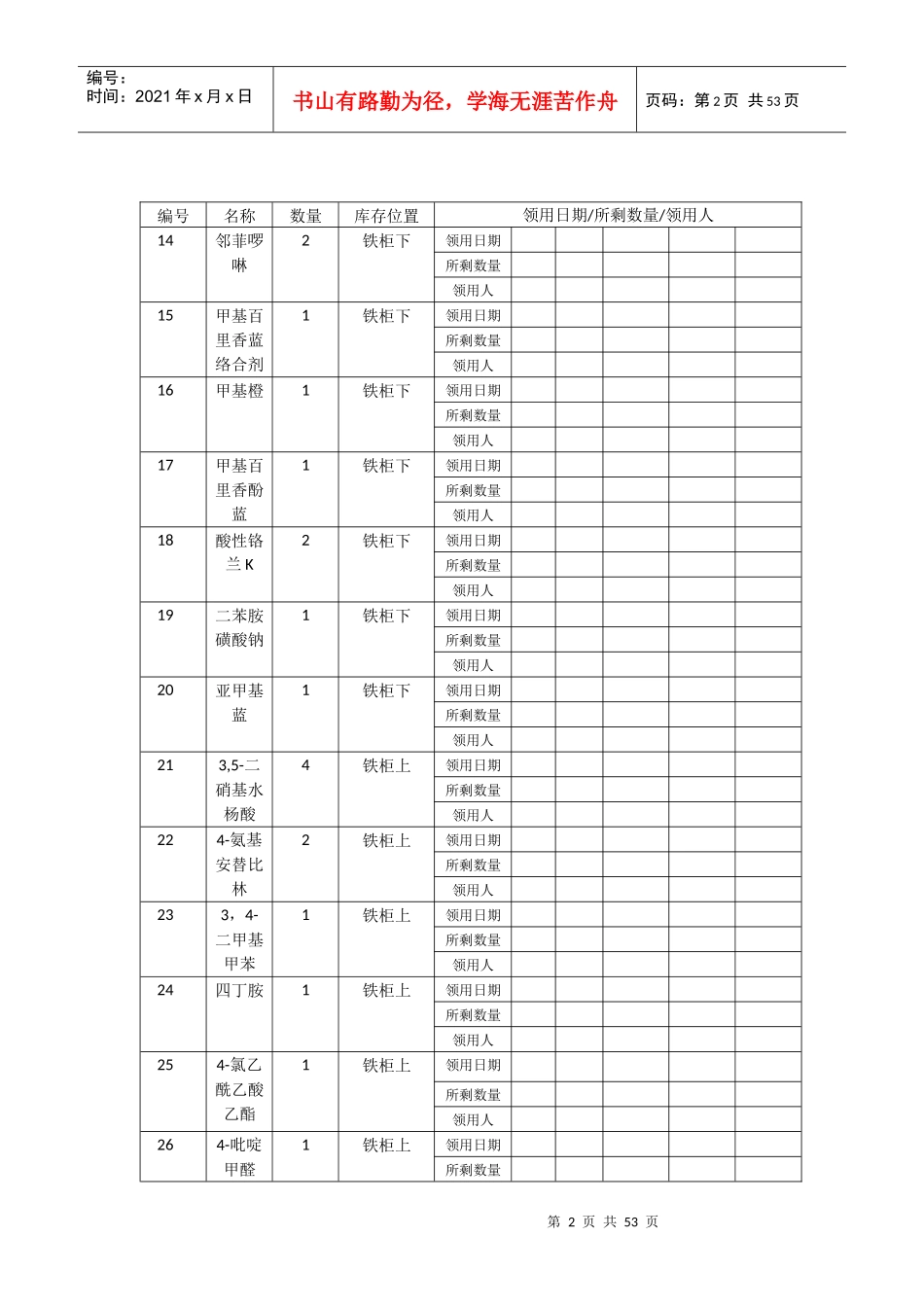 试剂单最后版316实验室药品存量及出库登记表_第2页