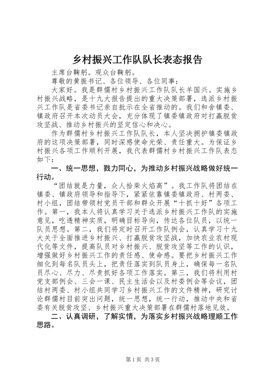 乡村振兴工作队队长表态报告_第1页