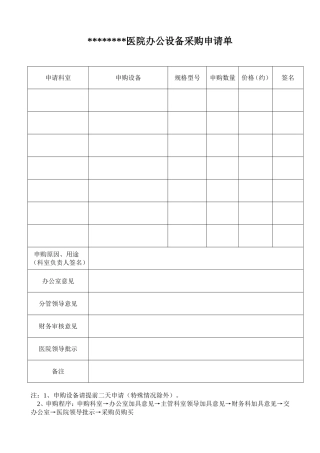 医院办公设备采购申请单