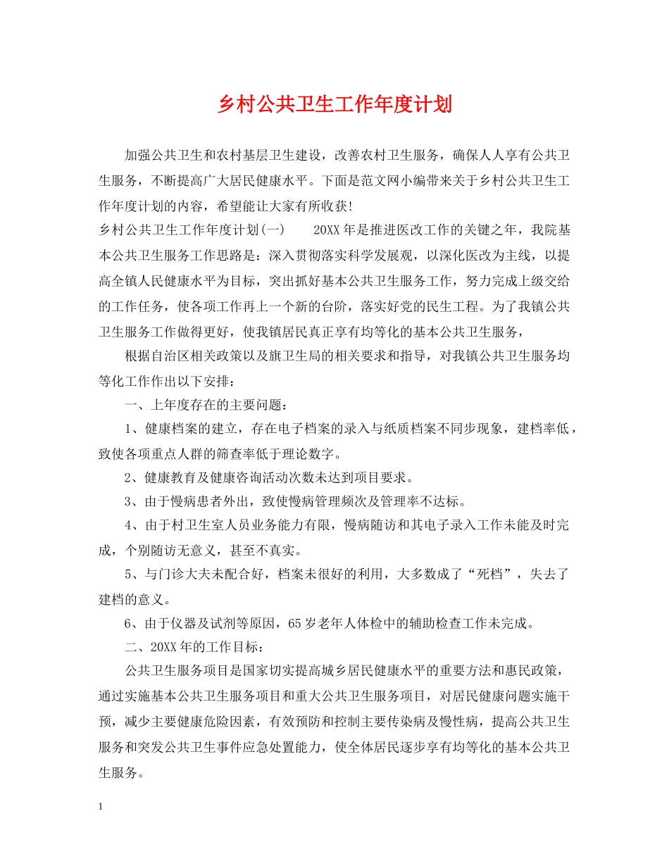 乡村公共卫生工作年度计划 _第1页