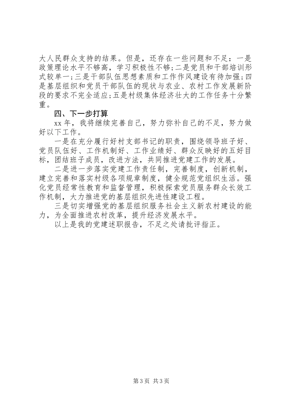 乡村党支部书记党建工作述职报告20XX年范文_第3页
