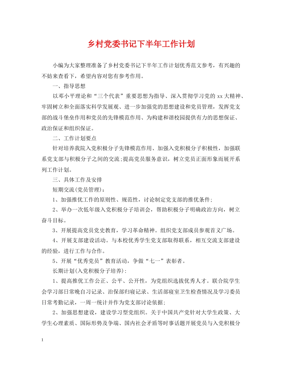 乡村党委书记下半年工作计划 _第1页