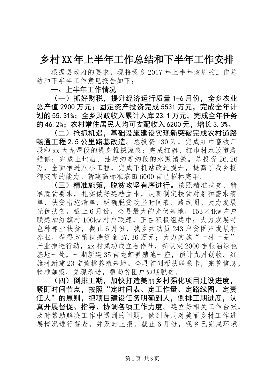 乡村XX年上半年工作总结和下半年工作安排_第1页
