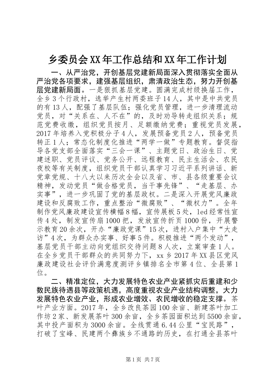 乡委员会XX年工作总结和XX年工作计划 (2)_第1页