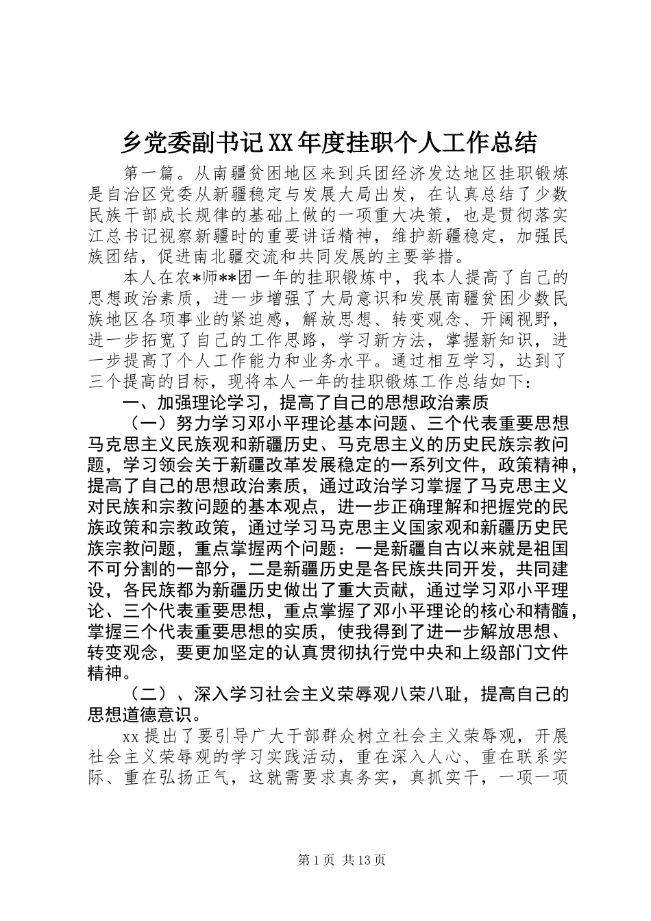 乡党委副书记XX年度挂职个人工作总结_第1页