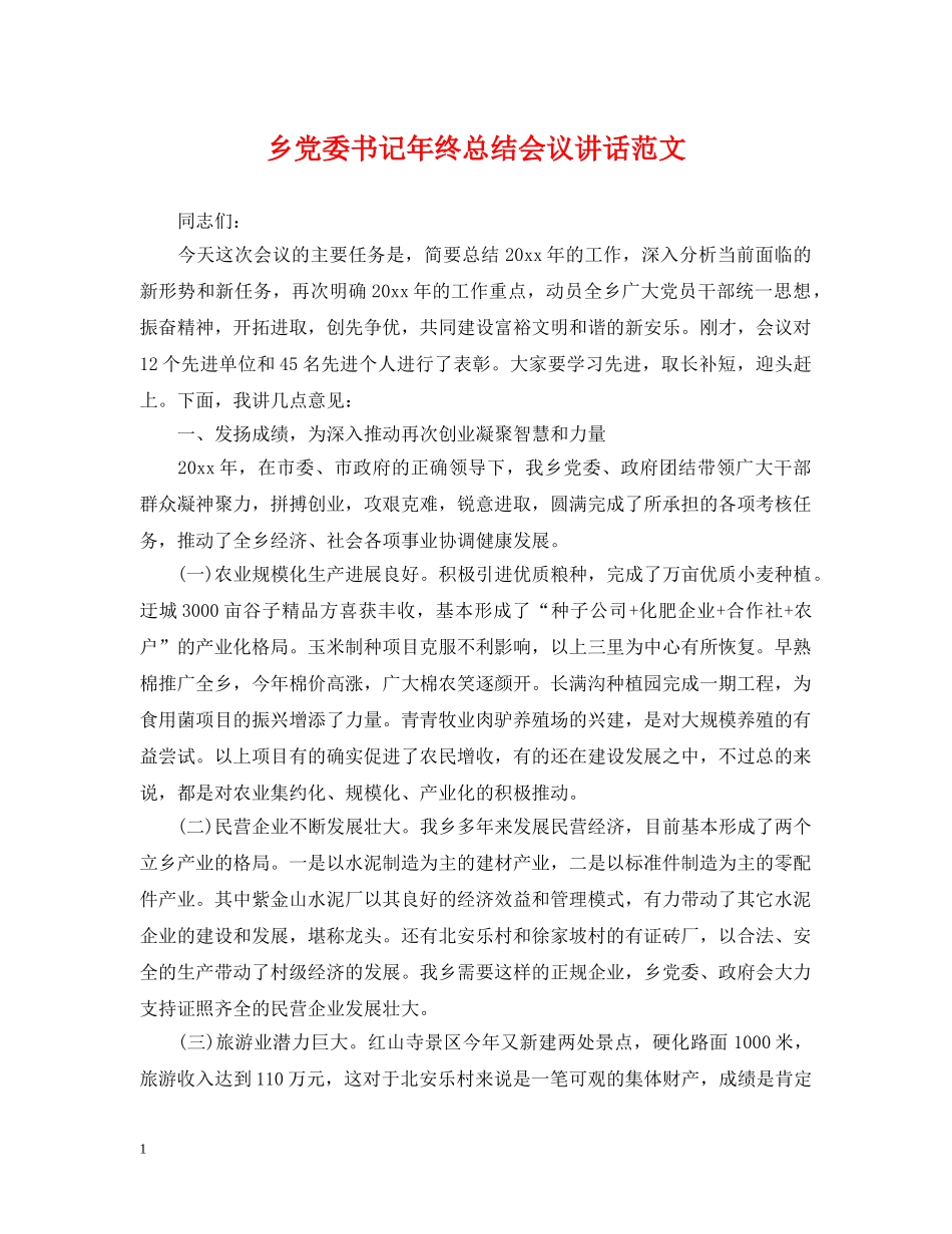 乡党委书记年终总结会议讲话范文 _第1页