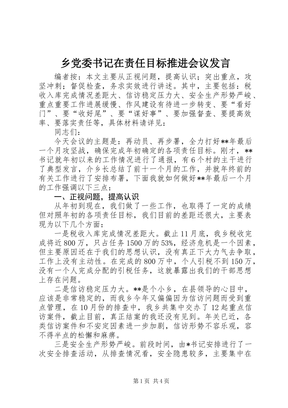 乡党委书记在责任目标推进会议发言_第1页