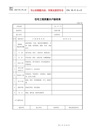住宅工程质量分户验收表、分户验收记录表(XXXX版)