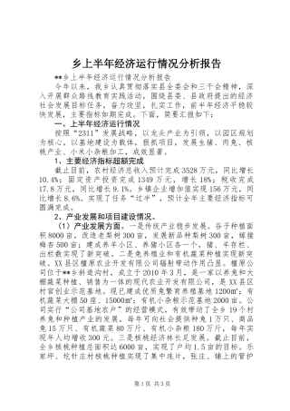 乡上半年经济运行情况分析报告