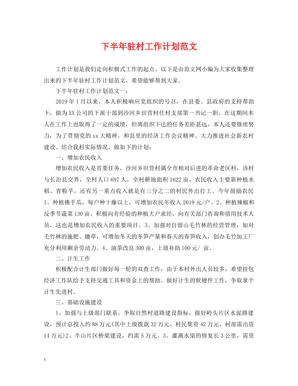 下半年驻村工作计划范文 _第1页