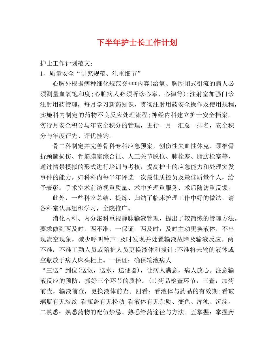下半年护士长工作计划 _第1页