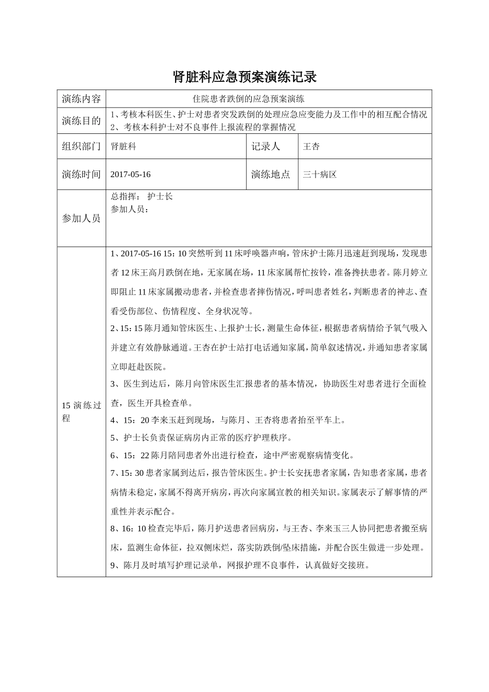 住院患者跌倒的应急预案演练_第1页