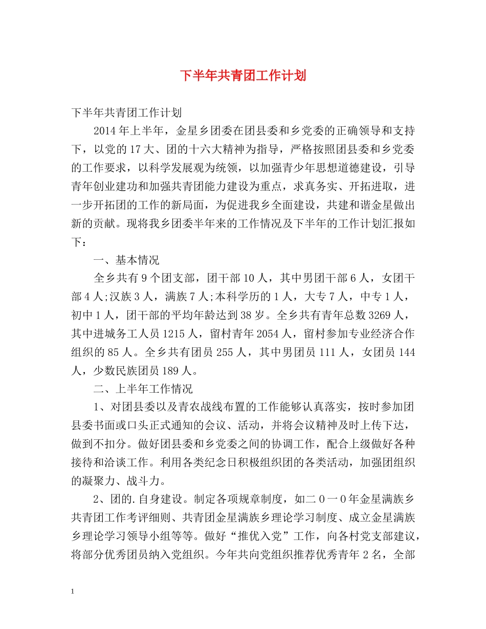 下半年共青团工作计划 _第1页