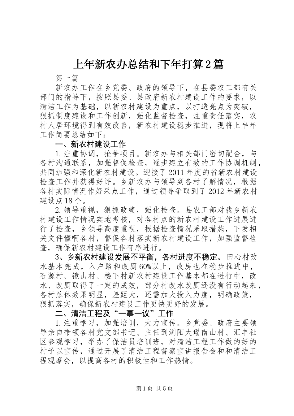 上年新农办总结和下年打算2篇_第1页