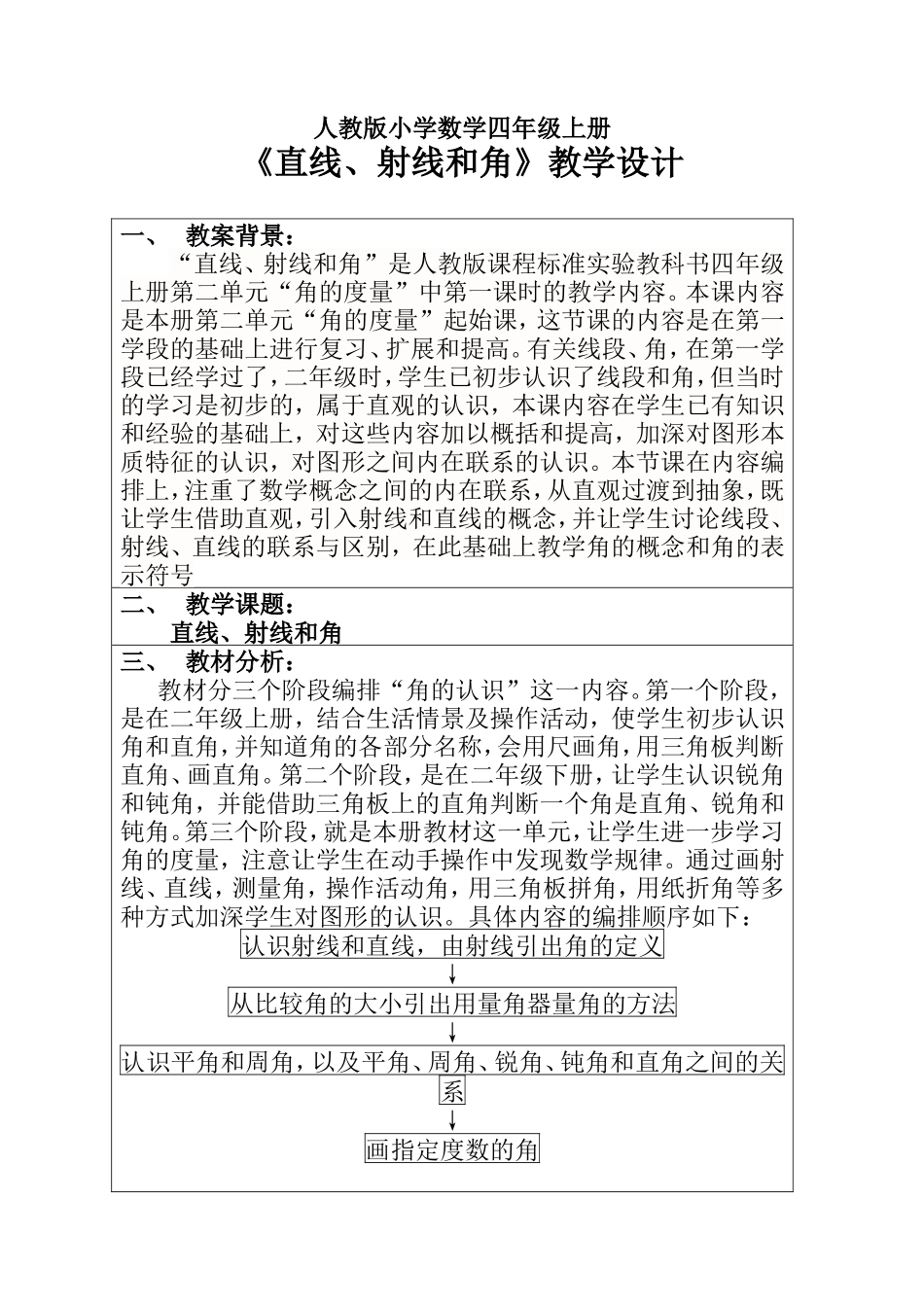 人教版小学数学四年级上册《直线射线和角》教学设计_第1页