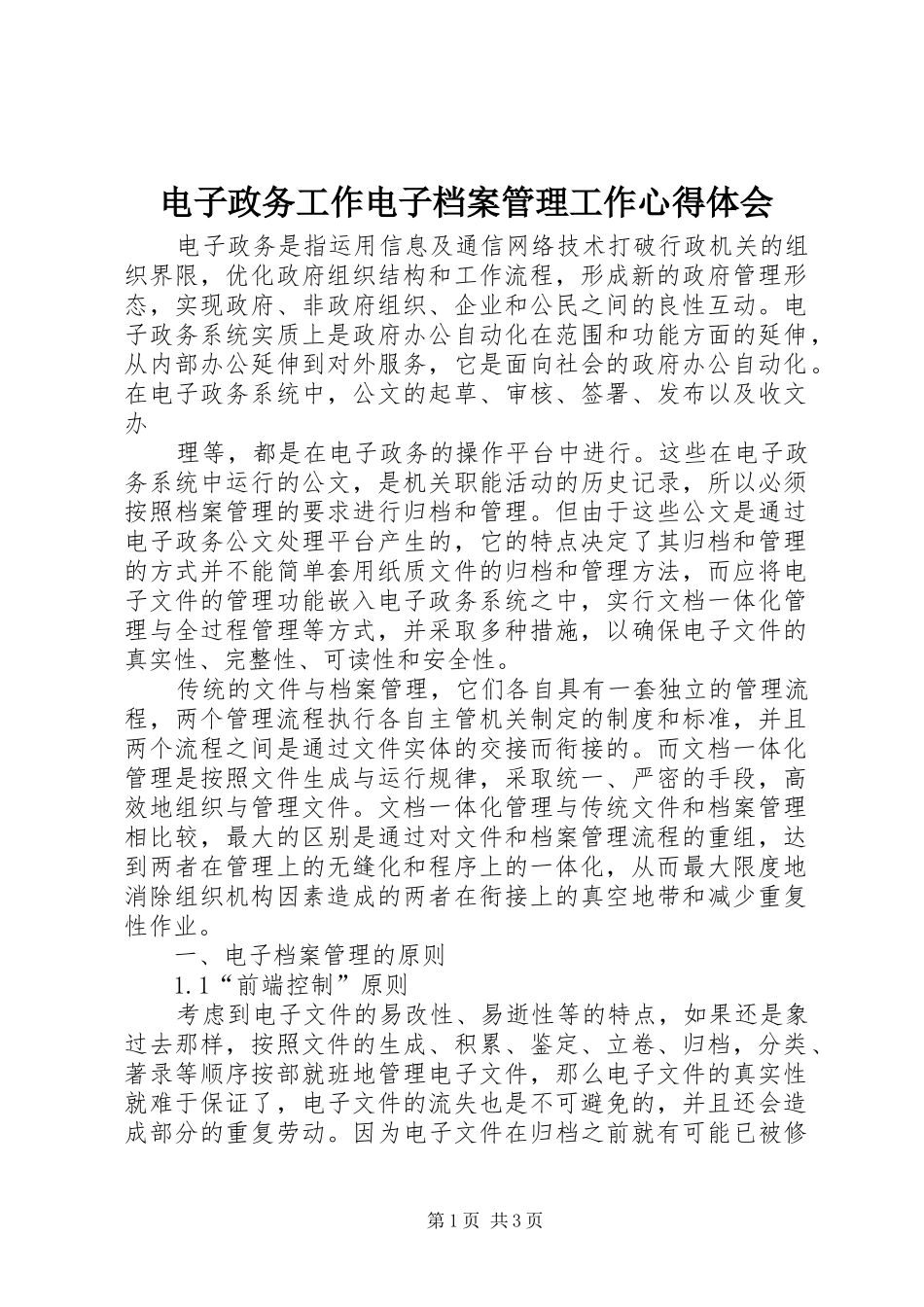 电子政务工作电子档案管理工作心得体会 _第1页