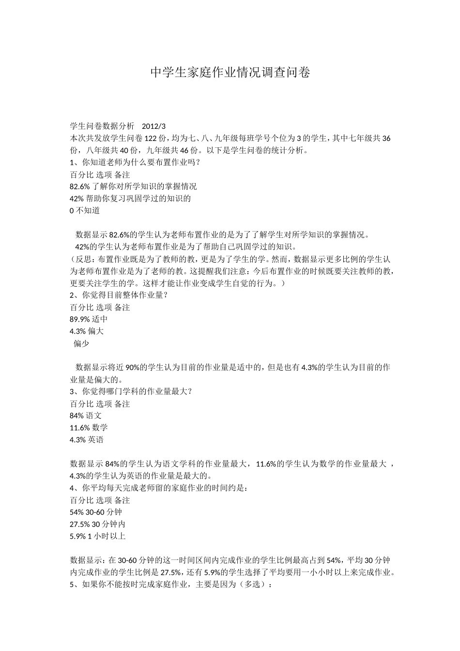 中学生家庭作业情况调查问卷_第1页