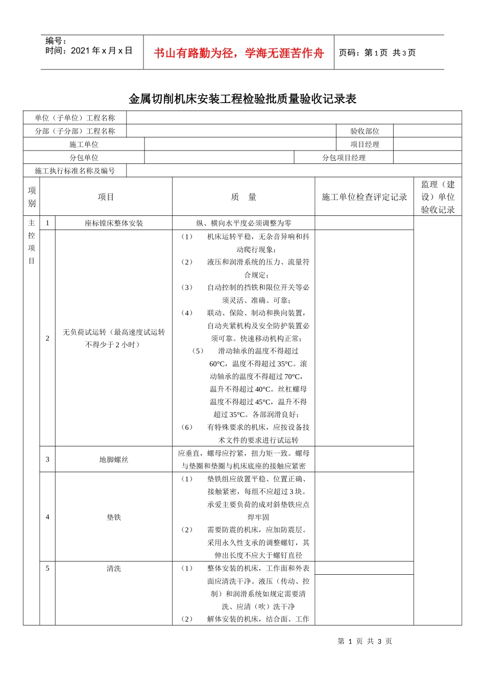 金属切削机床安装工程检验批质量验收记录表_第1页