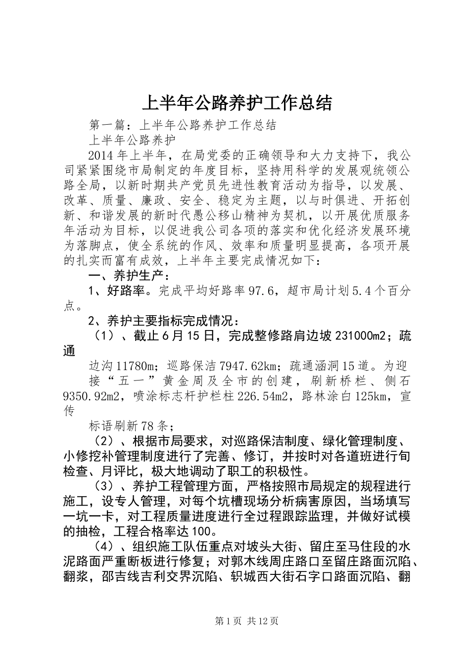 上半年公路养护工作总结 (2)_第1页