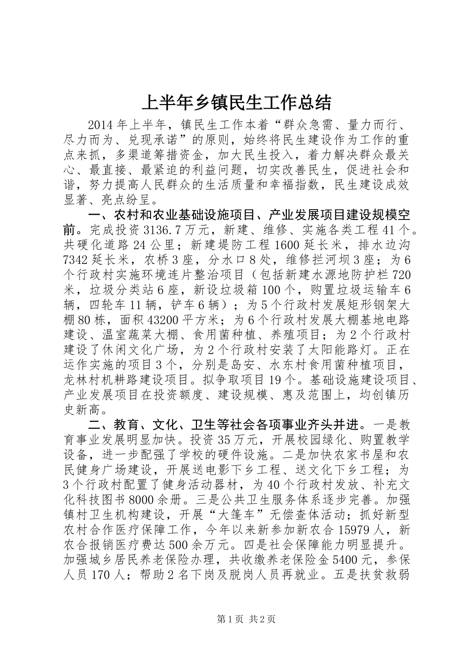 上半年乡镇民生工作总结_第1页