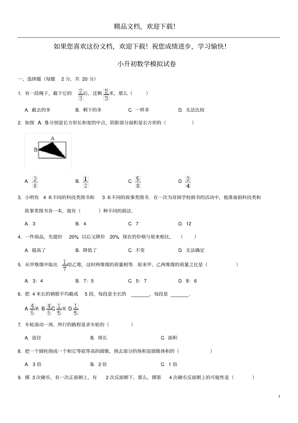 2019学年小升初数学模拟试卷_第1页