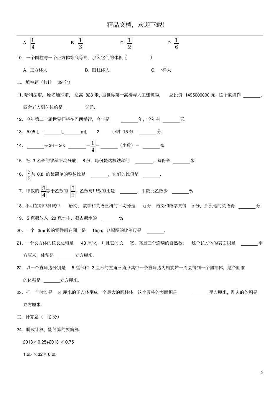 2019学年小升初数学模拟试卷_第2页