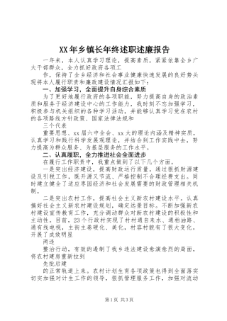 XX年乡镇长年终述职述廉报告