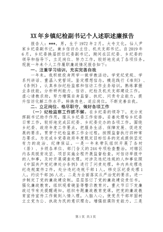 XX年乡镇纪检副书记个人述职述廉报告
