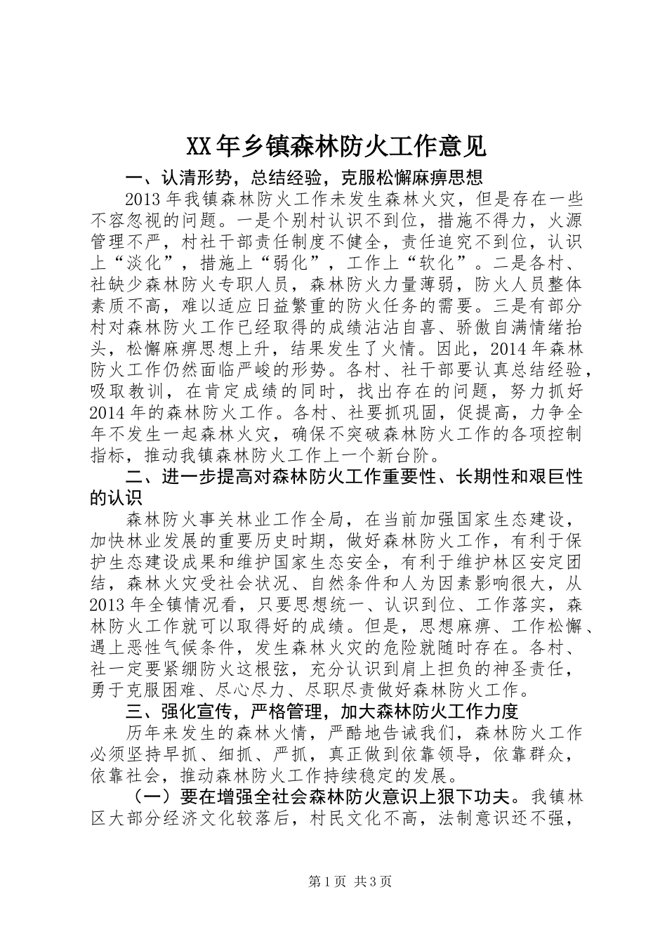XX年乡镇森林防火工作意见_第1页