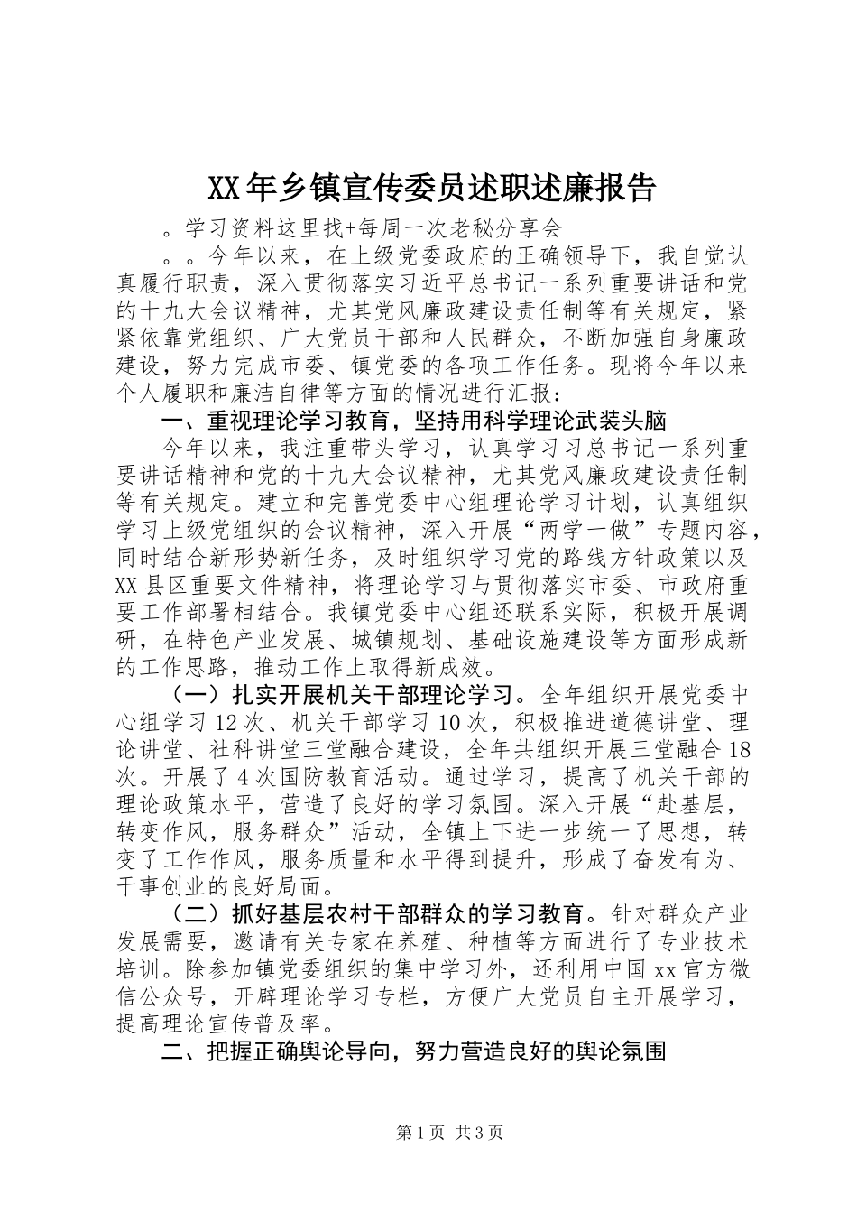 XX年乡镇宣传委员述职述廉报告 (2)_第1页