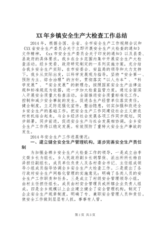 XX年乡镇安全生产大检查工作总结
