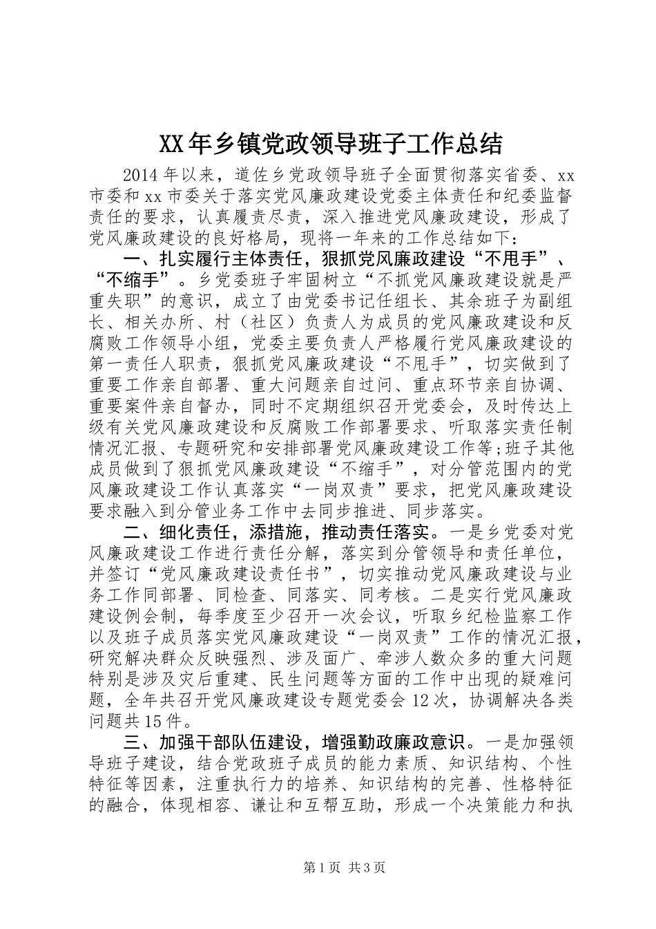 XX年乡镇党政领导班子工作总结_第1页