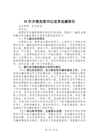 XX年乡镇党委书记述责述廉报告