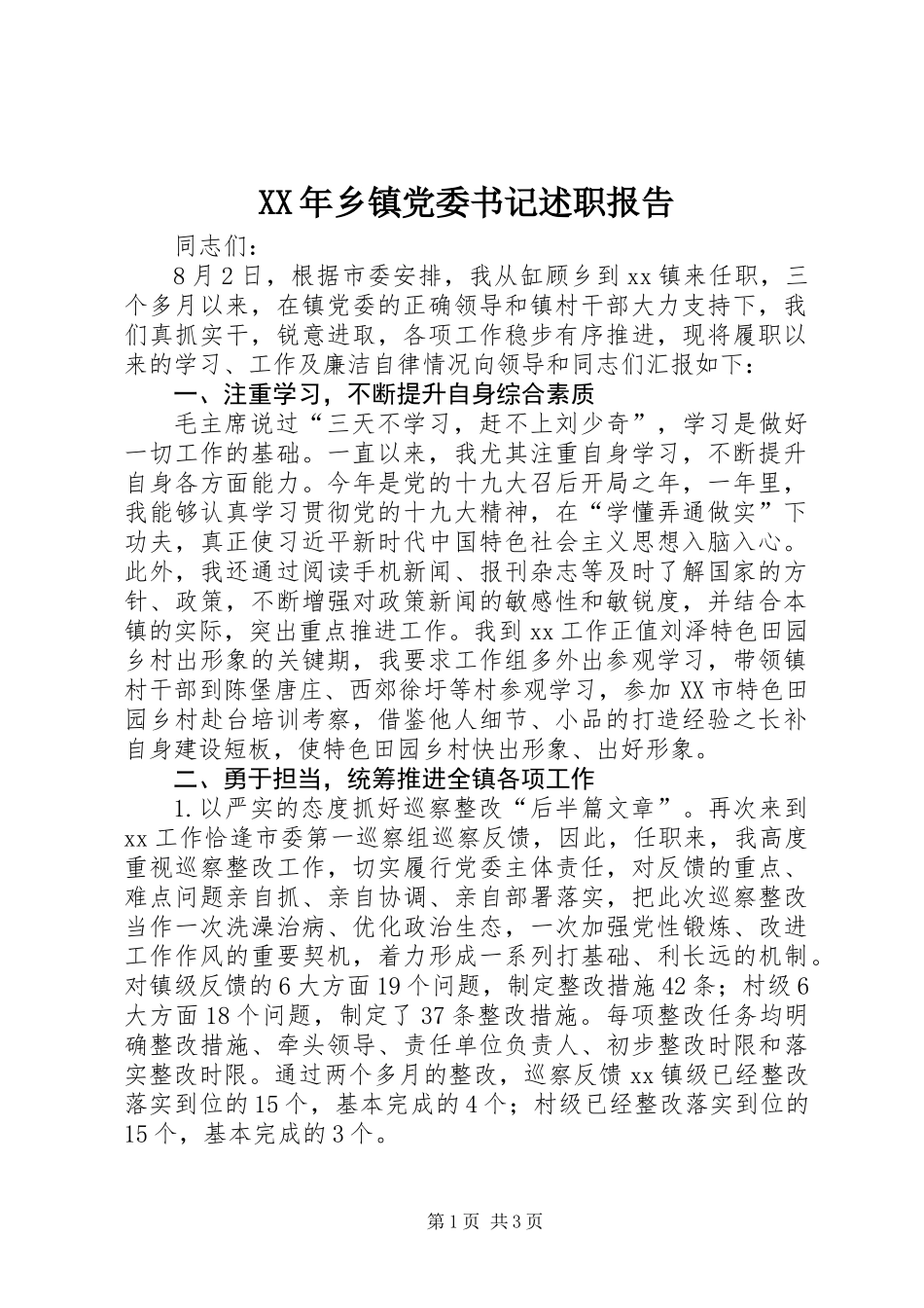 XX年乡镇党委书记述职报告 (2)_第1页