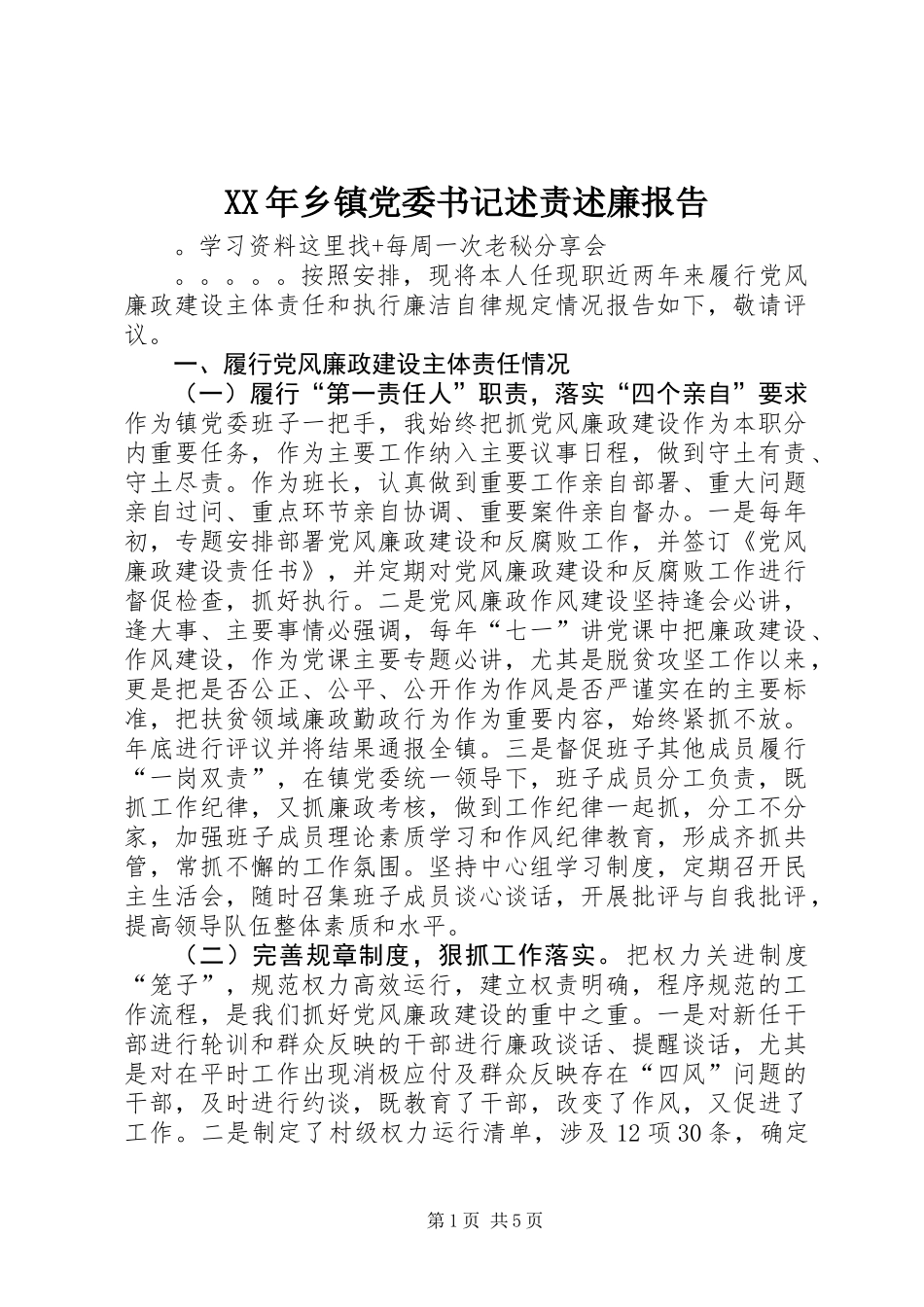 XX年乡镇党委书记述责述廉报告 (2)_第1页