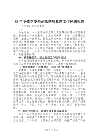 XX年乡镇党委书记抓基层党建工作述职报告