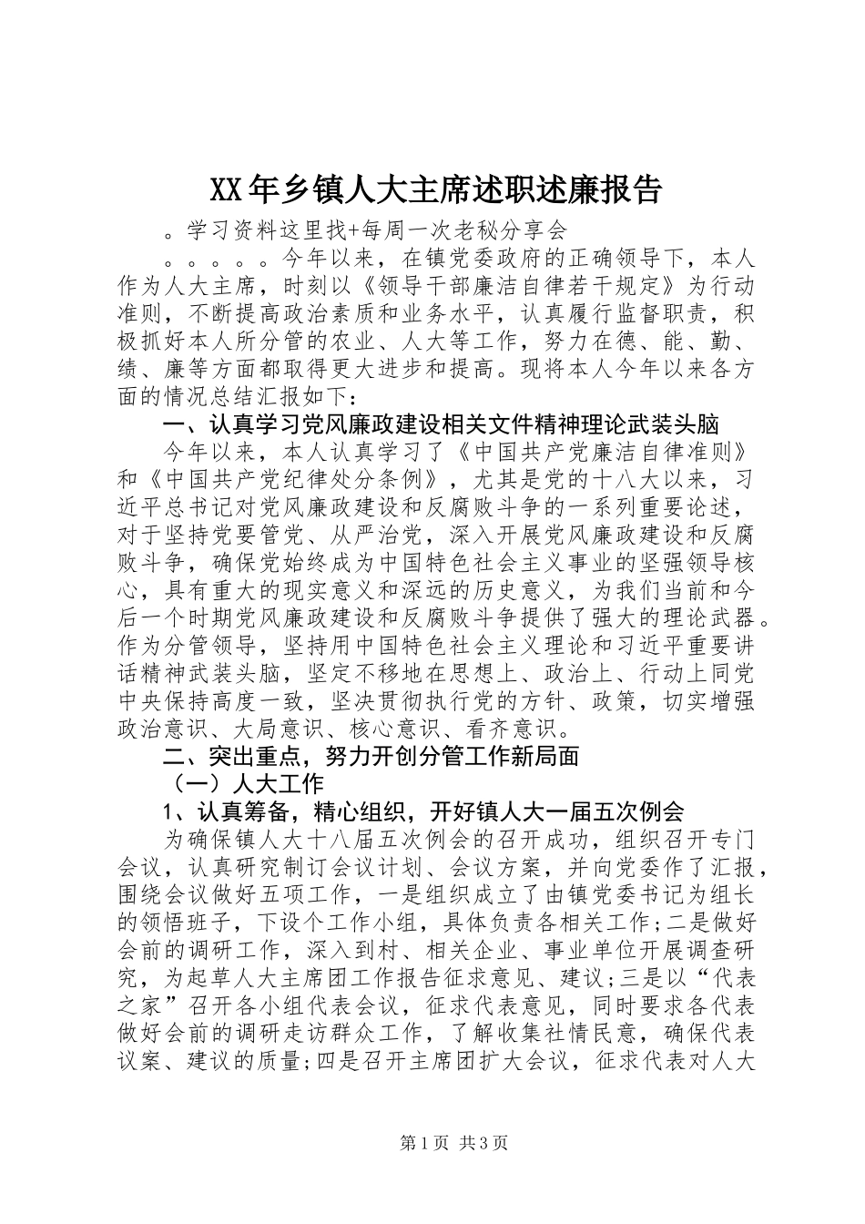 XX年乡镇人大主席述职述廉报告_第1页