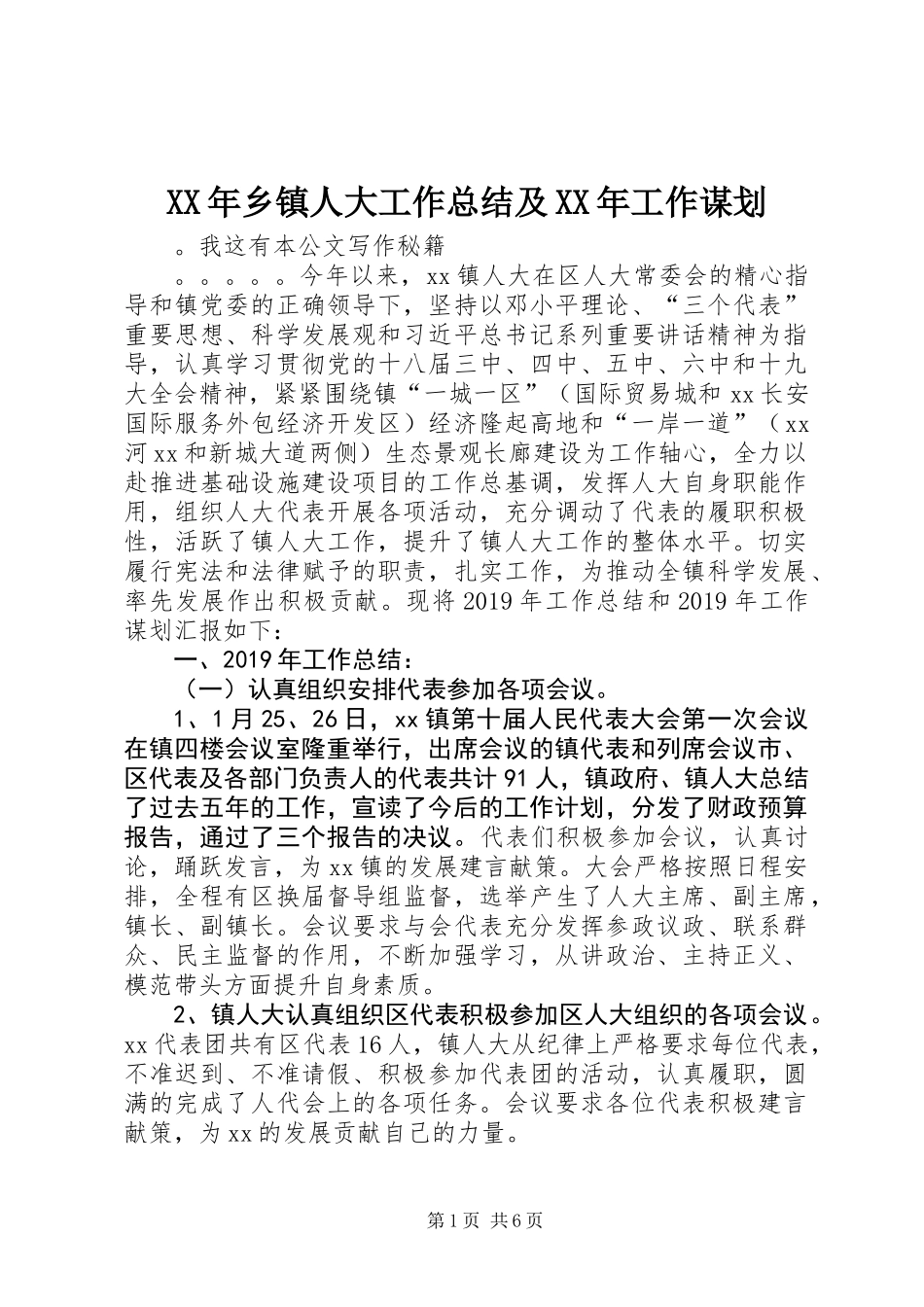 XX年乡镇人大工作总结及XX年工作谋划_第1页